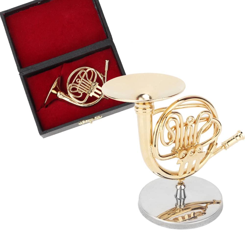 Miniature French Horn Delicated Golden Instrument Ornament DecorationMini Musical Model for Music Lover with Case and Stand Gifts