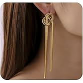 14K Gold Bow Tassel Dangle Drop Earrings, Dainty Knot Snake Bone Chain Statement Ribbon Dangling Earrings, Simple Daily Prom Jewelry Gifts