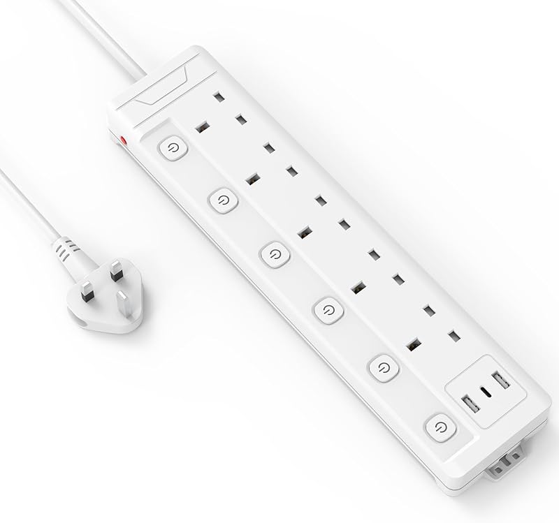 Mscien Extension Lead 1M 5 Way with 3 USB Slots USB-A USB-C Individually