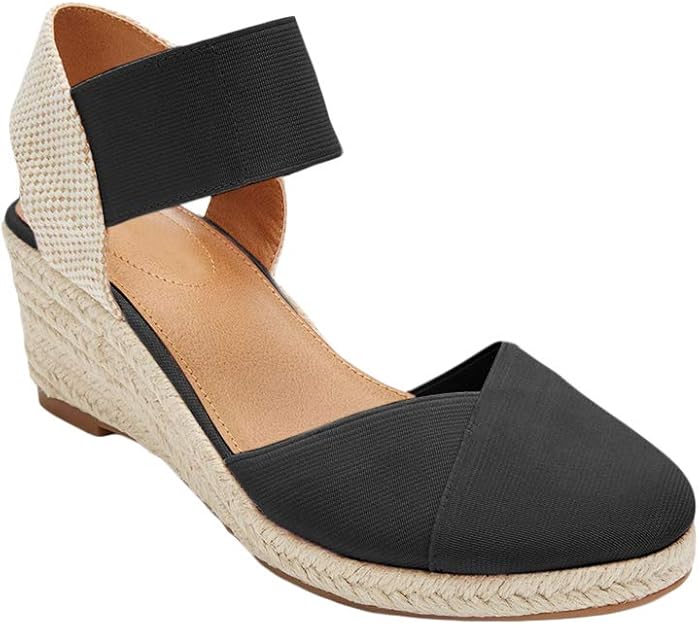 Womens Espadrilles Platform Wedge Sandals Closed Toe Elastic Closure Mid Heel