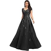 Laces Appliques Mother of The Bride Dresses for Wedding 2026 Long Tulle V Neck Formal Evening Gowns Short Sleeves