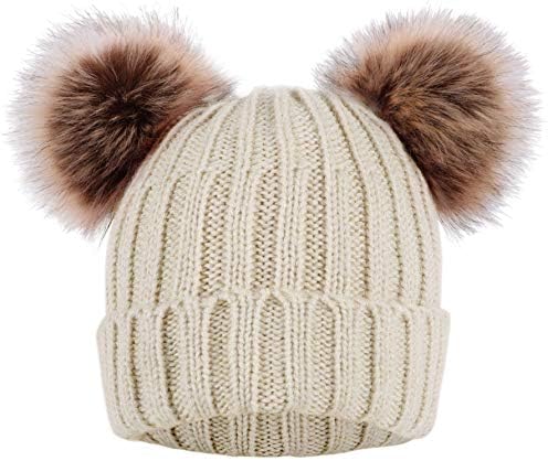 Arctic Paw Womens Winter Beanie Cable Knit Faux Fur Pompom Ears Beanie Hat