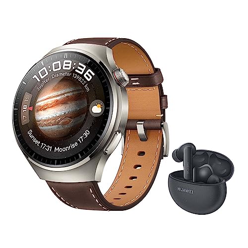 HUAWEI Watch 4 Pro, Gehäuse aus Raumfahrt-klassifizierter Titaniumlegierung & Saphirglas, dunkelbraunes Lederarmband, Gesundheitsschnellcheck mit 7 Parametern, eSIM Mobiltelefonie + FreeBuds 5i