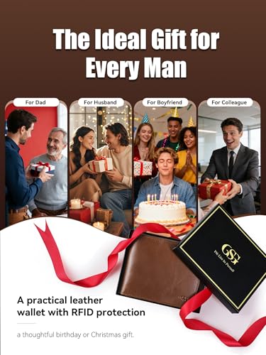 GSG SINCE 1998 Mens Cowhide Leather Wallets with Coin Pocket,17 Credit Card Slots, 2 Banknote Compartments Genuine Leather RFID Wallet Brown
