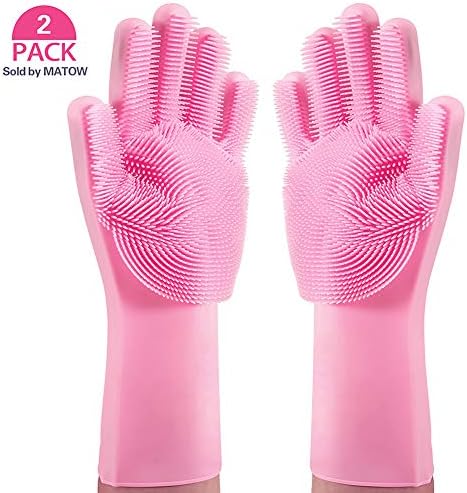 MATOW Magic Saksak Silicone Gloves Dishwashing Scrubber, Reusable Dish Wash Rubber Scrubbing Sponge Cleaning Gloves for Washing Kitchen, Bathroom, Car and Pet-(1 Pair: Left and Right, Pink)
