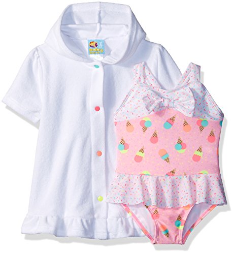 Baby Buns Toddler Girls' One Piece Sweet Treat Swimsuit Set With Hooded Cover up, Multi, 3T