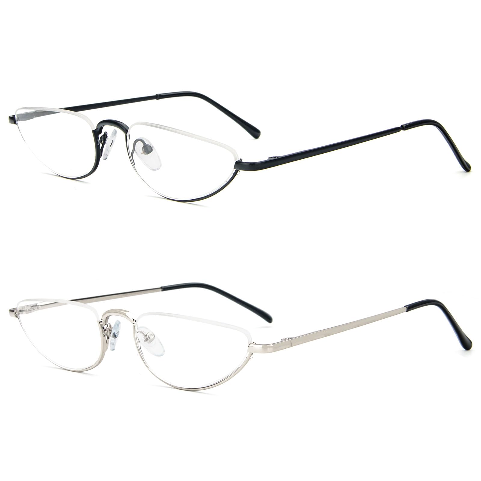 KoKoBin 2 Pack Reading Glasses Unisex Half Moon Half Frame Metal Spring Hinge Slim Reader (Black Gold, 3.00, Dioptres)