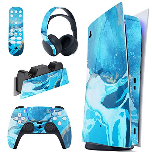 PlayVital Aquamarine Watercolour Full Set Skin Decal for ps5 Console Digital Edition, Sticker Vinyl Decal Cover for ps5 Controller & Charging Station & Headset & Media Remote