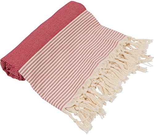 ATS STORE 2 COLOR JACQUARD STRIPED TURKISH TOWEL aka FOUTA %100 PREMIUM COTTON FAST DRYING MULTI PURPOSE BLANKET BEACH TOWEL (39" X 70") (RED)