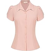 Belle Poque Summer Short Sleeve Button Down Blouse for Women V Neck Vintage Business Casual Shirts Tops