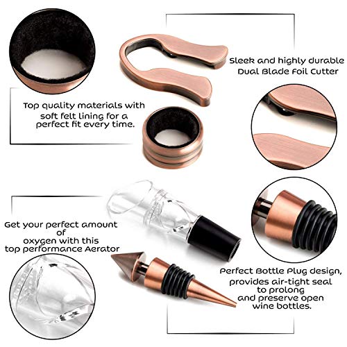 Corkscrew Wine Openers Best Sellers - 7 Bottle Accessories Kit with Stand, Plug, Wine Aerator, Drip Ring, Foil Cutter & EXTRA Teflon Spiral + Engraved Wooden Box Gift Set - Thumbnail 3
