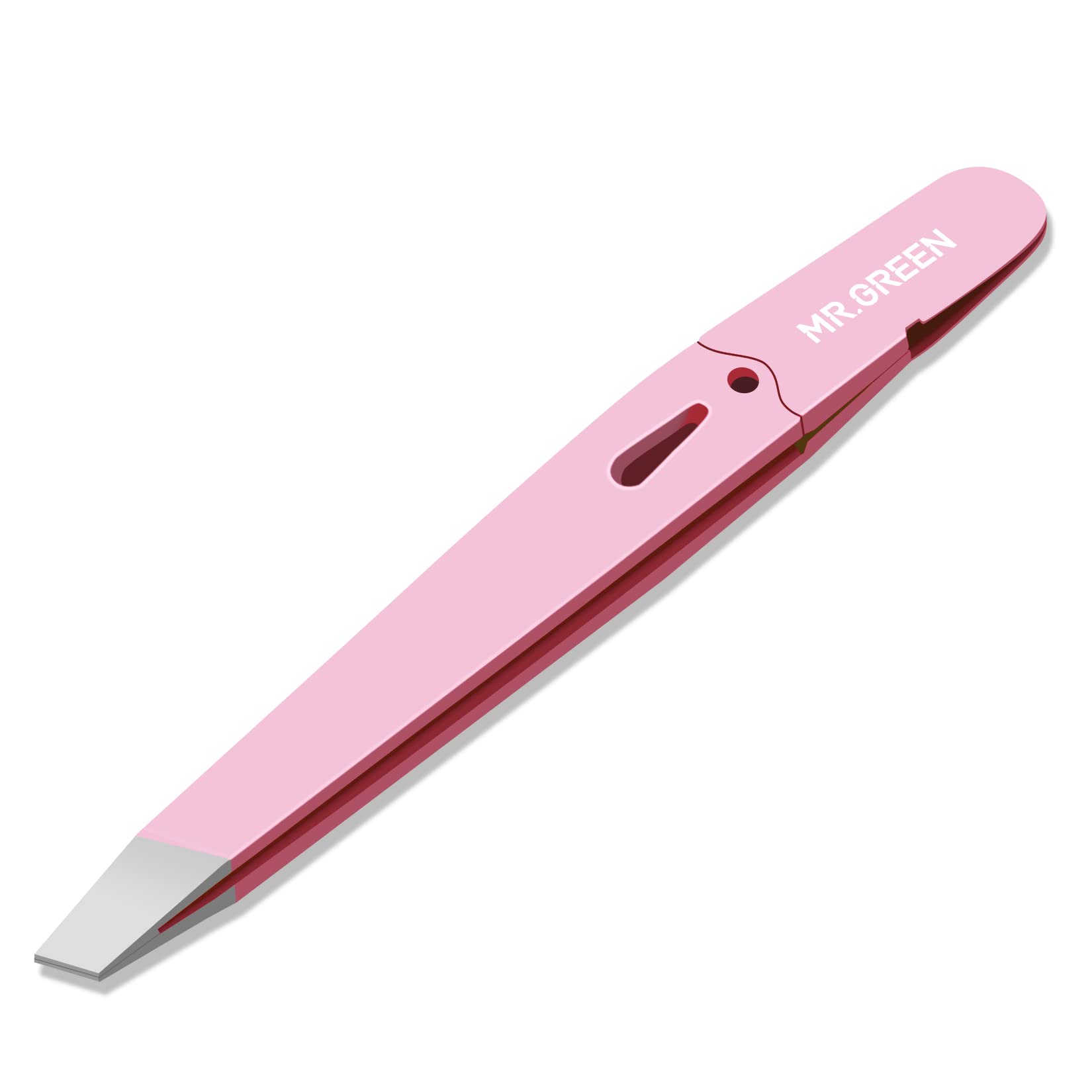 MR.GREEN Classic Stainless Steel Oblique Tip Eyebrow Tweezers for Women and Men, Precision Facial Ingrown Hair Tweezers (Pink)
