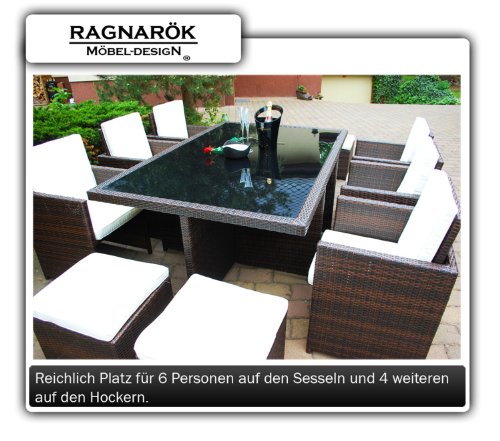 Ragnarök-Möbeldesign DEUTSCHE Marke - EIGNENE Produktion - 8 Jahre GARANTIE Garten Möbel Glas Polster PolyRattan Set Gartenmöbel Tisch Stuhl Hocker BRAUN – Bild 4