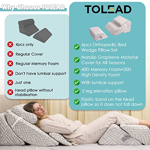 TOLEAD 6pcs Orthopedic Bed Wedge Pillow Set Adjustable Memory Foam for