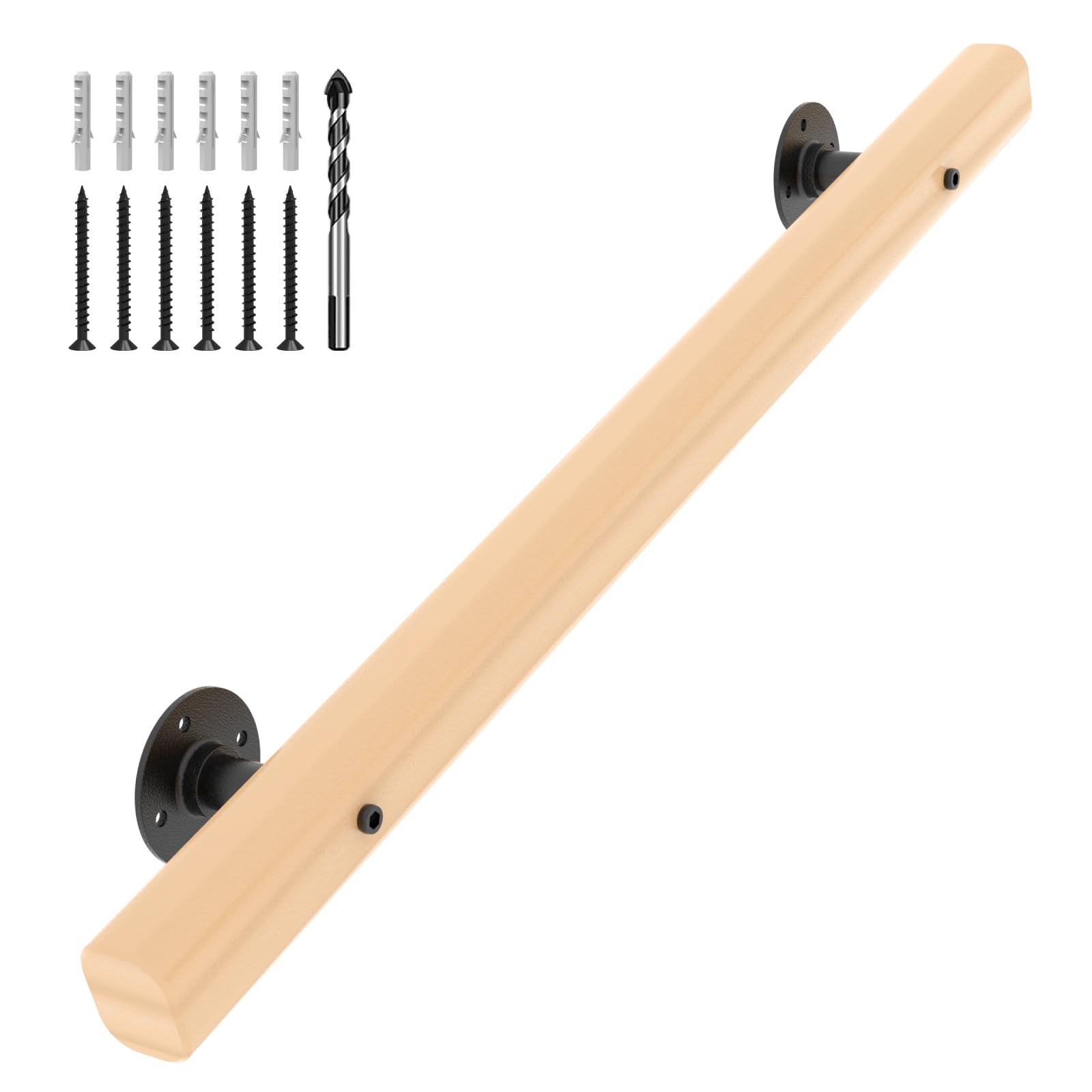 Photo 1 of 2 FT Wood Handrails for Indoor Stairs, Wall-Mounted Staircase Handrails for Indoor Outdoor Stairs, Non-Slip Stair Railing Indoor for Kids, Elderly, Pregnant Women, Disabled