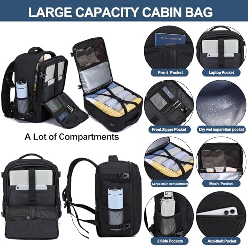 Ryanair Handgepäck 40x30x20 Rucksack 40x30x20 Eurowings Handgepäck Rucksack Flugzeug Reiserucksack Herren Handgepäck Tasche Laptop Rucksack 14 Zoll mit USB Ladeanschluss Reisetasche für Damen,Schwarz