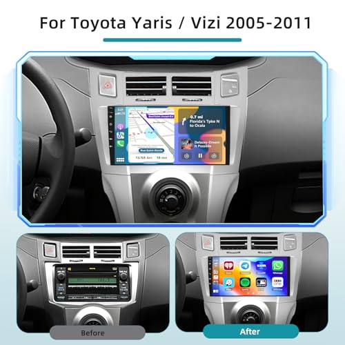 Hikity Car Radio for Toyota Yaris/Vizi 2005-2011, 2 + 64 GB, Android 15, with Wireless Carplay Android Car, 9 Inch Car Radio with GPS, WLAN, Bluetooth, Mirror Link, FM/RDS,MIC,Rear Camera