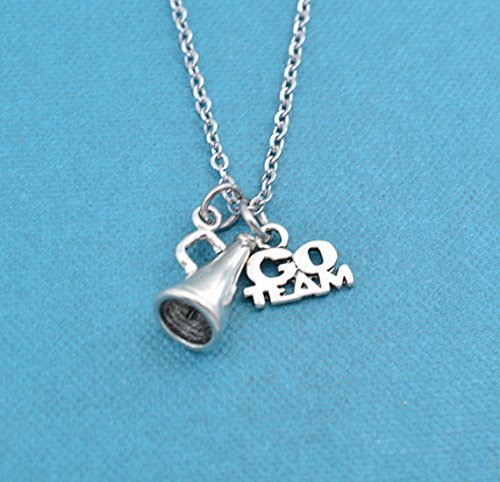 Little Girls Megaphone Necklace with go team word tag. Gift for cheerleader. Cheerleading mom. Cheer gifts. 14 + 2 rolo chain.