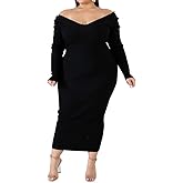 Women's Plus Size Sexy Stretchable Long Sleeve Maxi Sweater Off Shoulder Knit Slim Fit Dress