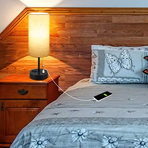 USB Bedside Table Lamp, 2700K 4000k 5000K Nightstand Lamp with Pull Chain, Bedside Lamp with USB Port & AC Outlet, Table Lamps for Bedrooms Living Room, Bulb Included, Fabric Linen Lamp Shade, 1PK