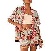 TUREAU Women Boho Tropical Print Beach Cover Up Shorts Set 2 Piece Summer Lounge Outfit Lightweight Swimwear Matching Outfit