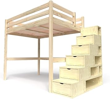 Amazon De Abc Meubles Hochbett Sylvia Mit Treppenregal Holz Cube Naturlack 140x200