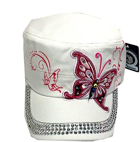 Butterfly Dragonfly Embroidered with Stones Cadet Style Womens Fashion Hat Cap - Choose Your Design and Color (White - Butterfly)