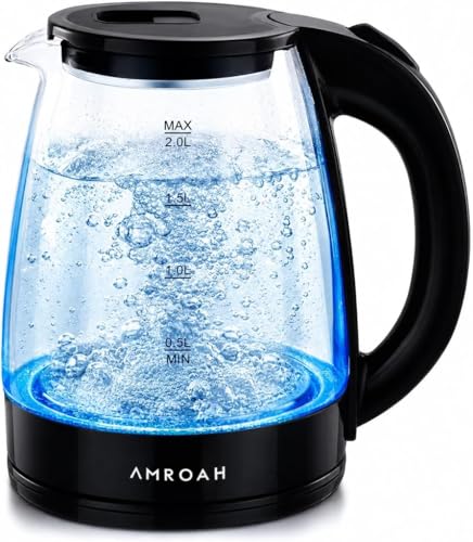 2L Electric Glass Tea Kettle, 1500W Fast Boil, Blue LED Light, 360° Cordless Base, Stainless Steel & Borosilicate, Large Capacity with Water Level Gauge