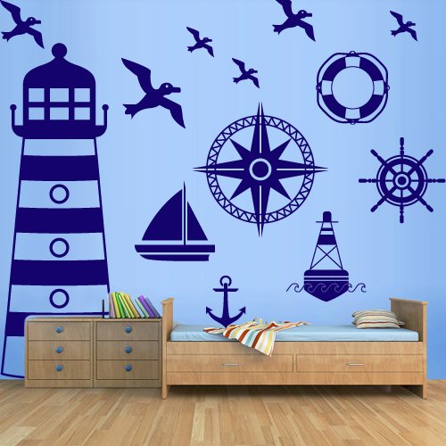 Large Set Marine Wall Decal Vinyl Sticker Art Decor Design Ocean Lighthouse Ship Boat Helm Compass Lifebuoy Nautical Nirsery Kids Bedroom (M1372) by DecorWallDecals