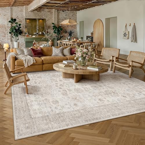 PureCozy 8x10 Beige Rug for Living Room Washable Vintage Bedroom Soft Rug | Indoor Rug,for Dining Room/Nursery/Office,Large,Non-Slip,Pets Friendly,Foldable,Tapis salon,0.24inchs Thick,100% polyester