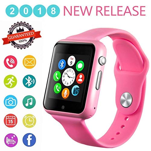 Smart Watch Phone Bluetooth Smartwatch with Camera Pedometer SMS SNS Sync SIM Card Slot TF Card Music Player Compatible with Android and iPhone (Partial Functions) for Women Girls Kids Teens (Pink)