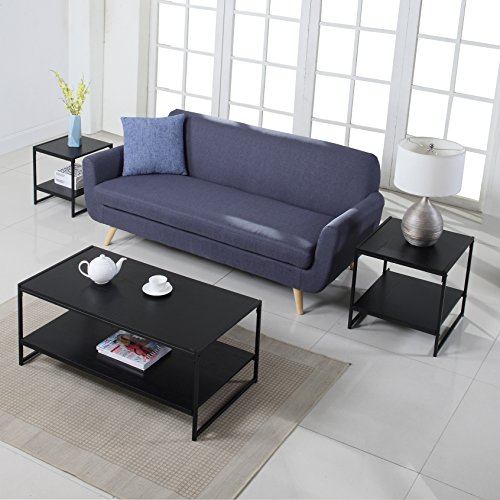 Modern Living Room Rectangular Coffee Table and 2 Square Side Tables - 3 Piece (Black)