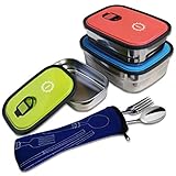 SunCraft Stainless Steel Bento Lunch Boxes - Set of 3 - Leak Proof BPA Free Food Storage Containers - Fork and Spoon Travel Silverware Set Included - Great for Adults and Kids