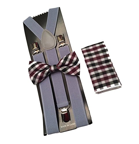 Plaid Bow ties, hanky and gray suspenders Combo Mens