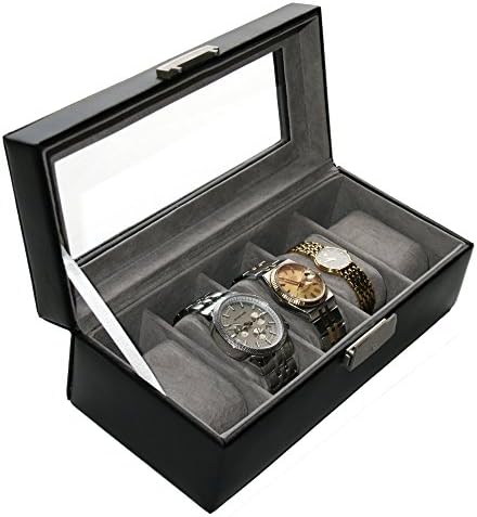 Forlei 5 Slot/Grid Watch Box PU Leather Watch Case Glass Top Jewelry Case Organizer with Metal Lock