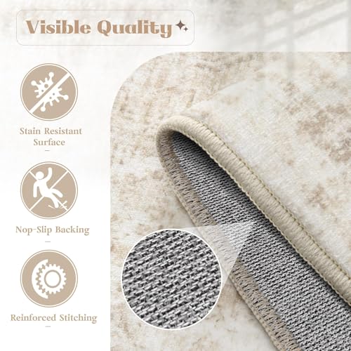 VECARF Area Rug 9x12 Washable Rug, Vintage Boho Medallion Rugs Non-Slip Soft Low Pile Large Distressed Rug Indoor Retro Carpet for Living Room Bedroom Dining Room Home Office (Beige, 9'x12')