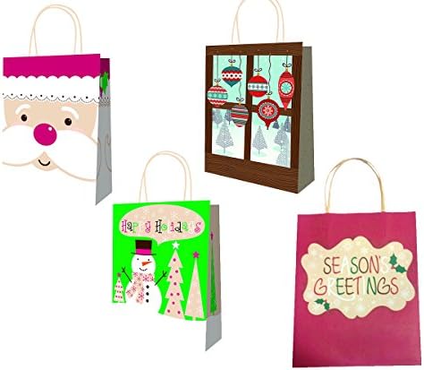 Christmas Holiday Assorted Designs Kraft Gift Bags Snowman, Santa, Season's Greetings and Ornament Designs - 4 Pack, Medium, 9.5" x 8" x 5"