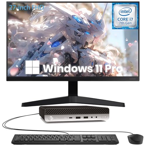 HP EliteDesk 800 G3 Mini PC de escritorio pequeño con monitor FHD de 27 pulgadas, Intel Core i7-7700T, 8 GB de RAM, 256 GB SSD, WiFi USB, DisplayPort, Windows 11 Mini computadora (Reacondicionado)