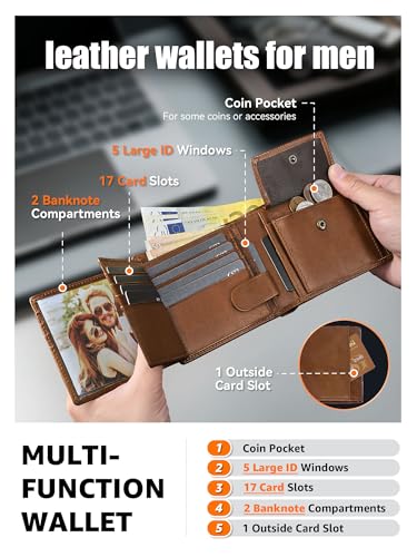 GSG SINCE 1998 Mens Cowhide Leather Wallets with Coin Pocket,17 Credit Card Slots, 2 Banknote Compartments Genuine Leather RFID Wallet Brown