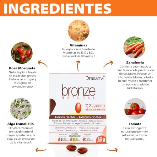 DRASANVI Acelerador de bronzeamento | Betacaroteno | Protege a pele dos raios UVA e previne o envelhecimento |Rosa Mosqueta, Tomate, Cenoura e Algas Dunaliella, Vitamina E, Licopeno, Luteína|30days