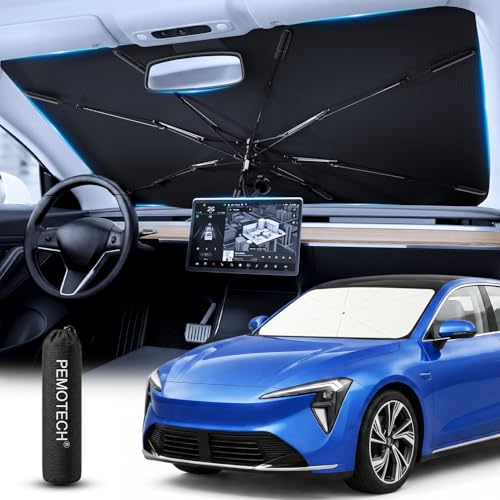 PEMOTech Foldable Car Sun Shade with 5-Layer Nano, Sun Visor Car Sun Protection Car Windscreen 360° Rotatable, UV Protection, Heat Protection, Anti-Puncture for Most Vehicles (132 x 76 cm)