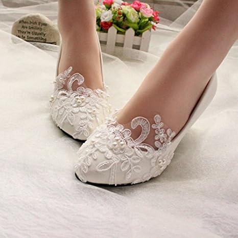 Jingxinstore White Ivory Lace Pearl Wedding Shoes Bridal Bridesmades Flats Low High Heel Pump Amazon Co Uk Sports Outdoors
