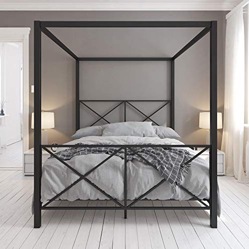 DHP Rosedale Metal 4 Poster Canopy Bed with Crisscross Headboard and
