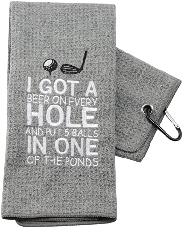 PXTIDY Funny Golf Towels for Men I Got A Beer On Every Hole and Put 5 Balls in One of The Ponds Embroidered Golf Towel with Clip Gift for Golf Lover Beer Lover (Grey)
