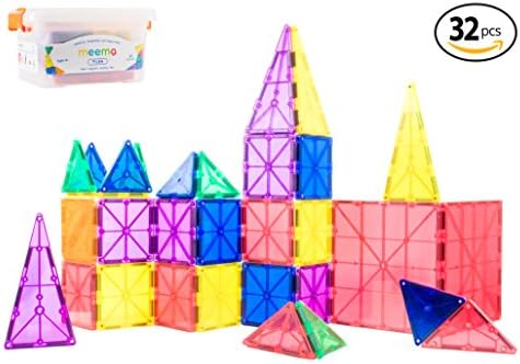 Meema Magnetic Tiles 32 Piece Set | Clear Vivid Colors | Magnet Building Blocks for Creativity and Imagination | Educational Toys for Kids and Toddlers | Includes Storage Box