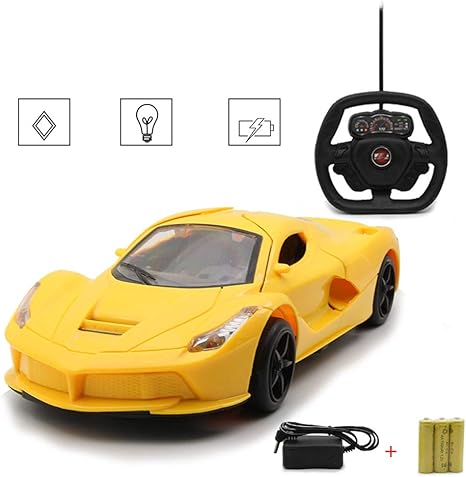 Coche De Control Remoto con Volante RC, Coche Deportivo De Alta Velocidad Coche De Carreras La Deriva, Coche De Carreras La Deriva con Luces Geniales, Un Botón para Abrir La Puerta y,Amarillo: