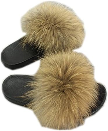 qmfur Women's Open Toe Real Raccon Fur Slide Slippers