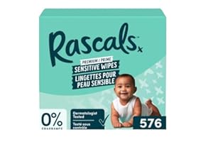 Rascals Premium Hypoallergenic Baby Wipes, 576 Count, Unscented, Dermatologist Tested, Natural Formula, Sensitive Skin, Embos