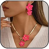 IQIC Hot Pink Jewelry Set for Women White Flower Necklace Earrings Set Gold Statement Flower Necklace Hot Pink Dangle Drop Earrings Boho Foral Wedding Jewelry Sets Trendy Jewelry Gift