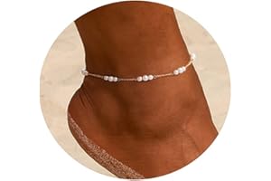 JECOMY Anklet for Women 14K Gold Plated Ankle Bracelets Silver Anklet Waterproof Pearl Cubic Zirconia Rhinestone Heart Beads Herringbone Cuba Link Chain Anklets Dainty Jewelry
